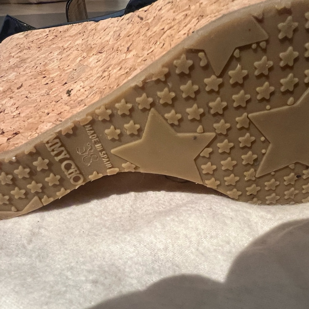 Jimmy Choo Black Patent Cork Wedge Sandals with Ankle Strap 38 - Picture 2 of 2